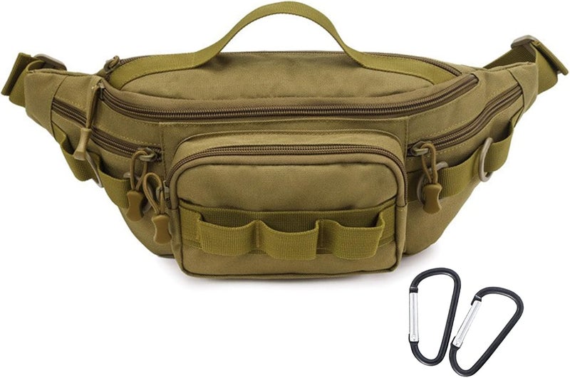 Aocmpxs Tactical Fanny Pack,Small Fishing Tackle Bag Water-Resistant Military Waist Bags Portable Fishing Storage Waist Packs for Outdoor Fly Fishing Hiking Climbing with 2 PCS Mini Carabiners (Tan) - Image 1